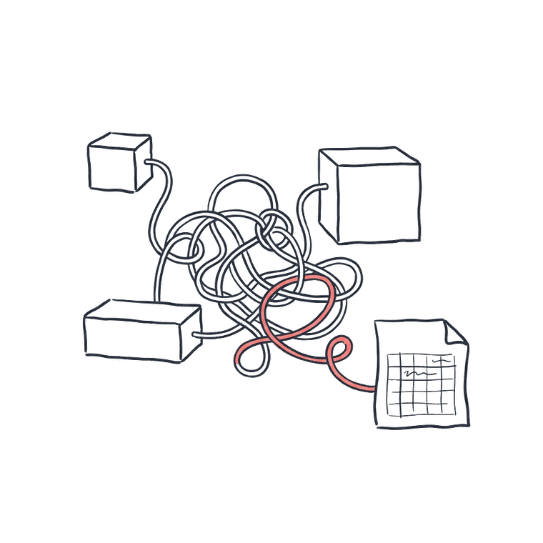 Four boxes joined by tangled cables