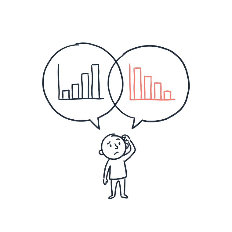 Two speech bubbles showing different charts above a confused figure